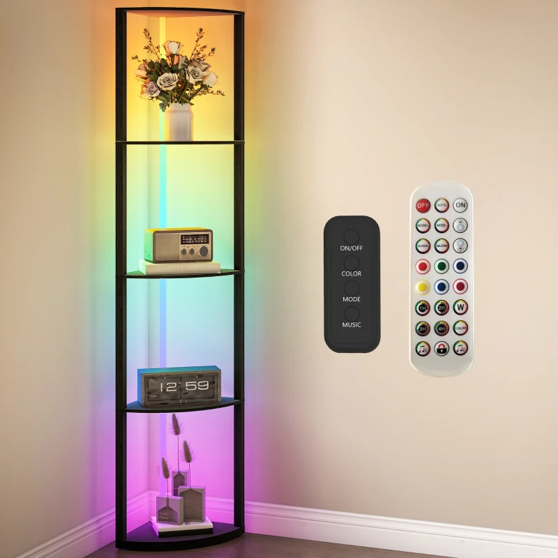 HOMCOM RGB LED Floor Lamp with Shelves, 5-Tier Dimmable Standing Lamp with Adjustable Brightness and Remote Control, Modern Corner Display Shelf Unit for Living Room Bedroom Office, Black