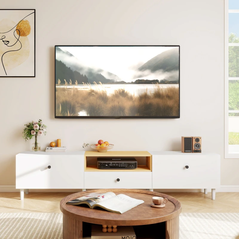 HOMCOM Meuble TV, meuble télé pour téléviseur jusqu'à 90 pouces avec 2 portes rabattables, tiroir, 200 x 35 x 45 cm, blanc