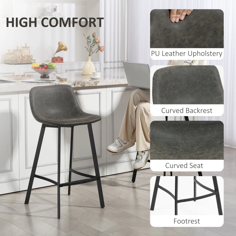 HOMCOM Bar Stools Set of 2, PU Leather Dining Stools with Backrest, Footrest, for Kitchen, Counter, Breakfast Bar, Grey