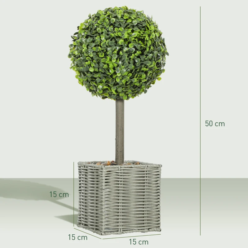 HOMCOM Set de 2 plante artificiale decorative, bile de buxus artificial 50 cm cu ghiveci din plastic împletit și pietre, verde