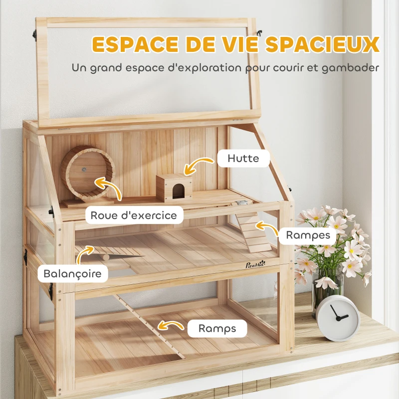PawHut Cage hamster rongeur à 3 niveaux fond amovible de 31 cm de profondeur cabane balançoire 80x50x76cm finition bois naturel