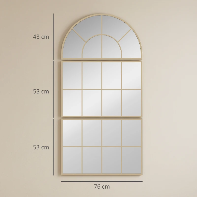 HOMCOM Oglindă de perete arcuită oglindă de perete în formă de fereastră set de 3 piese cadru din metal 76 x 150 cm auriu