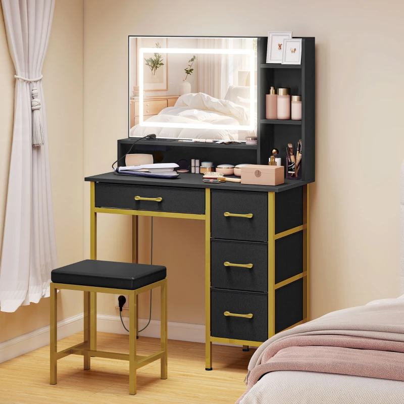 HOMCOM Coiffeuse de Maquillage avec Miroir Lumières LED Station de Charge Tabouret Station de Charge 4 Tiroirs Noir