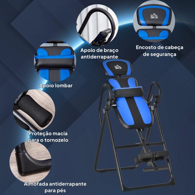 HOMCOM Mesa de Inversão Dobrável com Rodas Ajustável em Altura e Ângulo com Apoio Lombar para Aliviar as Costas 32x71x145 cm Preto e Azul
