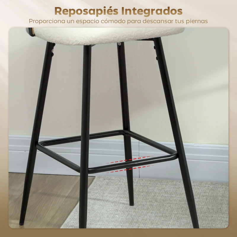 HOMCOM Juego de 2 Taburetes de Bar con Respaldo de Ratán Asiento Tapizado en Borreguito Marco de Acero y Reposapiés Crema