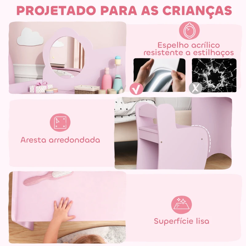 AIYAPLAY Toucador para Crianças com Banco e Espelho em Forma de Flor com Compartimentos Abertos 70x39x92,5 cm Roxo