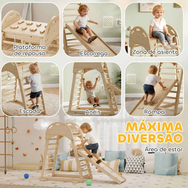 AIYAPLAY Triângulo de Escalada Montessori 6 em 1 Estrutura de Madeira com Plataforma Anéis e Escorrega para Escalar ou Deslizar Madeira
