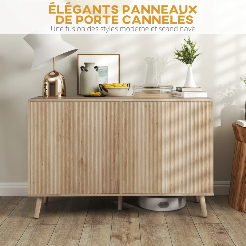 HOMCOM Buffet salon, meuble de rangement avec 4 portes cannelés à ouverture par pression 120 x 35 x 77,5 cm, chêne