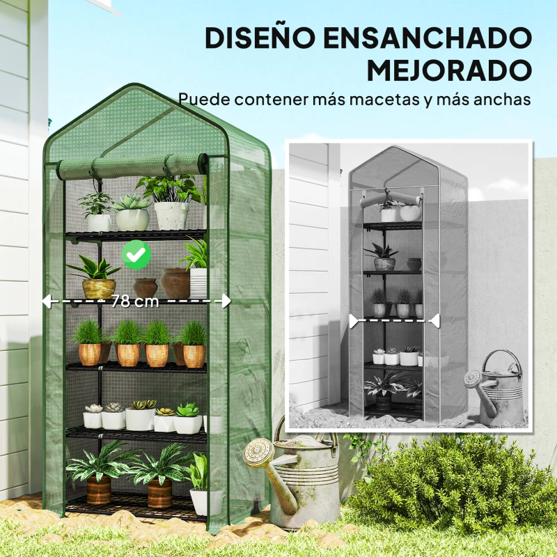 Outsunny Invernadero Resistente de 5 Niveles con 1 Puerta con Cremallera Anti-UV Diseño Ensanchado y Estantes 90x49x193 cm Verde