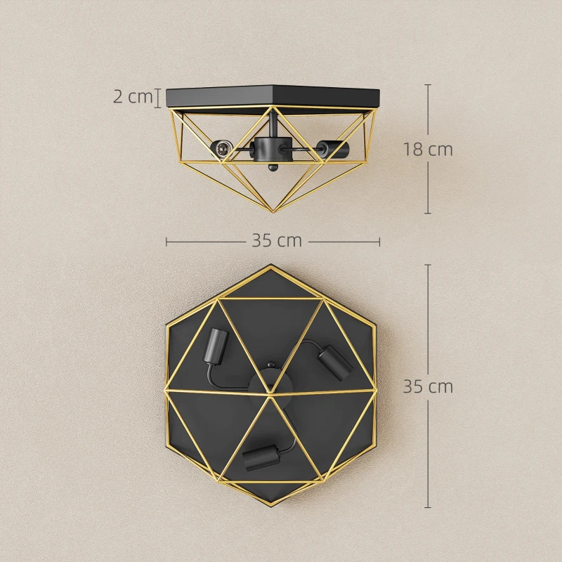 HOMCOM Lampada da Soffitto Stile Industriale Geometrica con 3 Attacchi E27 per Lampadine LED, Nero e Oro