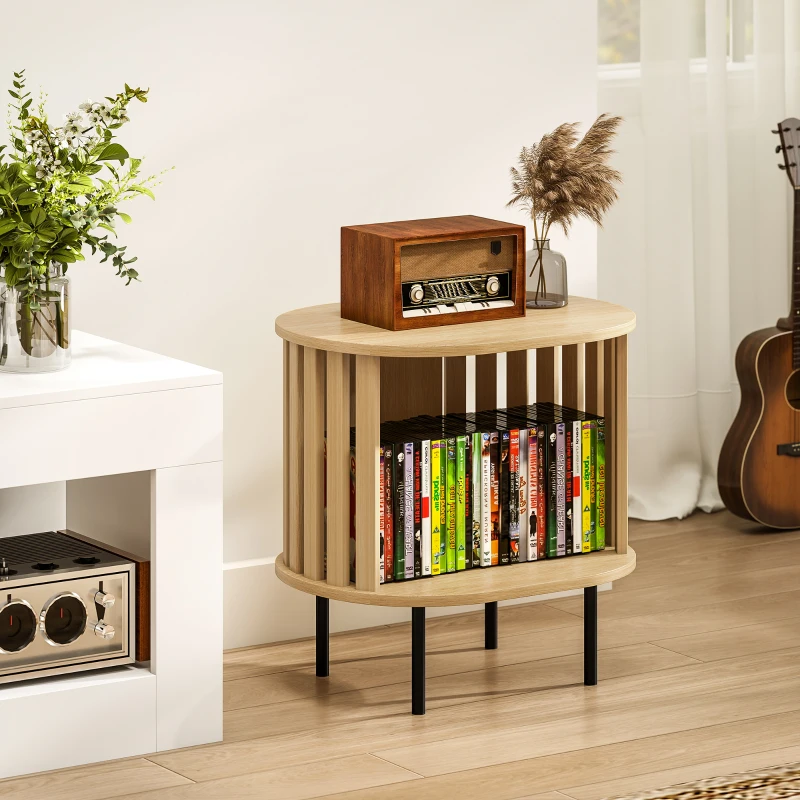 HOMCOM Table d'appoint ovale bout de canapé rangement ouvert pieds en acier design à lattes 50x39x50cm effet bois naturel
