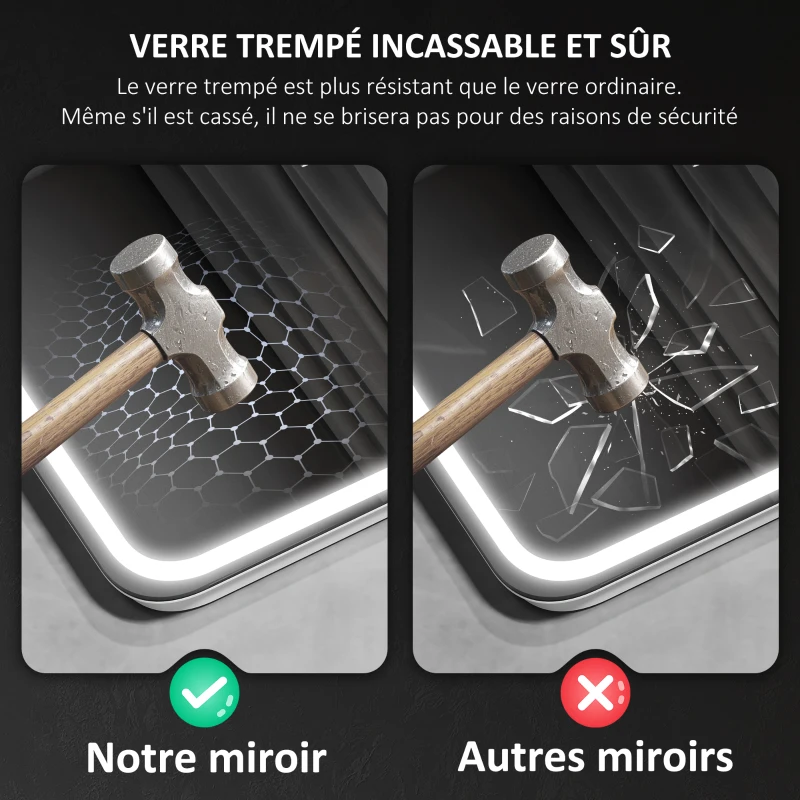 HOMCOM Miroir salle de bain Bluetooth avec éclairage LED 60 x 80 cm, miroir lumineux mural avec horloge, antibuée, argenté