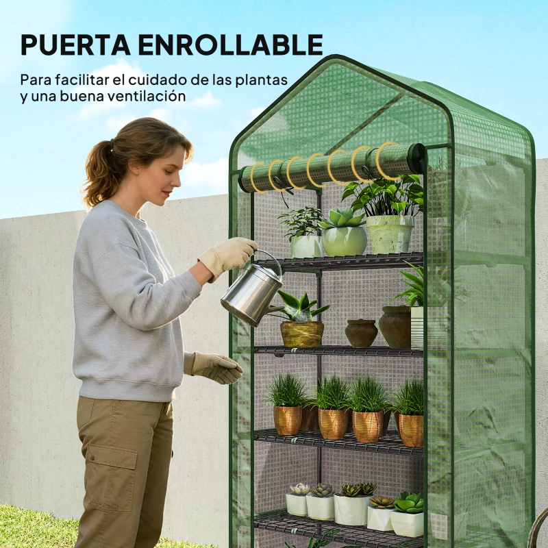 Outsunny Invernadero Resistente de 5 Niveles con 1 Puerta con Cremallera Anti-UV Diseño Ensanchado y Estantes 90x49x193 cm Verde