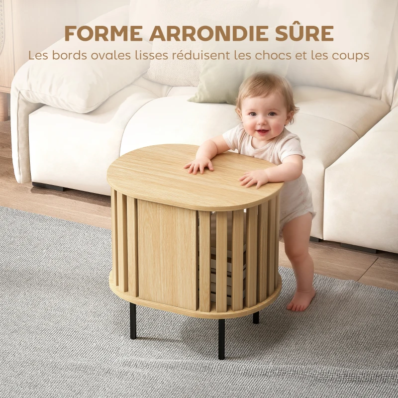 HOMCOM Table d'appoint ovale bout de canapé rangement ouvert pieds en acier design à lattes 50x39x50cm effet bois naturel