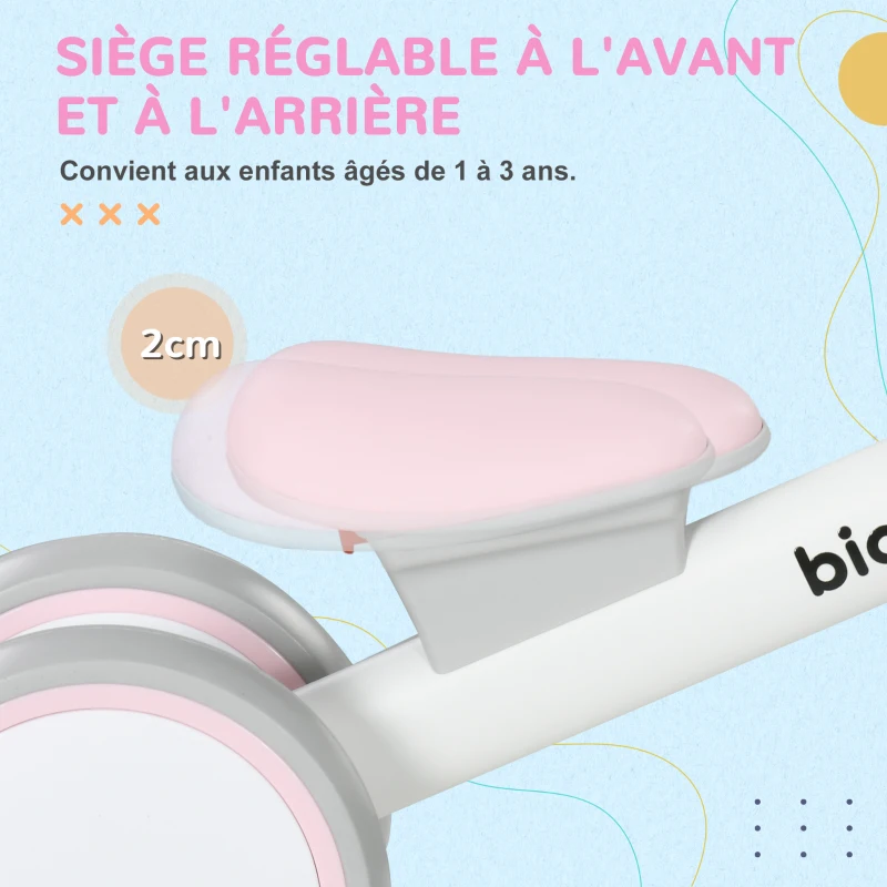 AIYAPLAY Draisienne vélo Enfant 4 roues selle réglable, guidon ergonomique alliage alu. PP, enfant 1 à 3 ans - Gris Blanc Rose