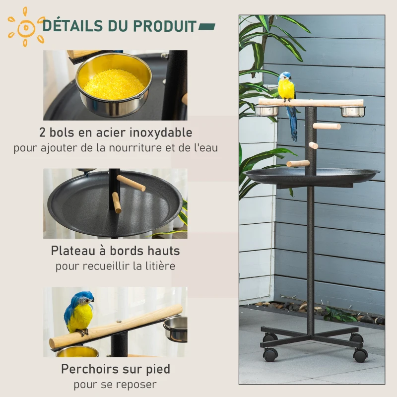 PawHut Perchoir perroquet mangeoire à oiseaux sur pied 4 roulettes, 2 mangeoires en acier inoxydable, Ø 60 x 111 cm, gris