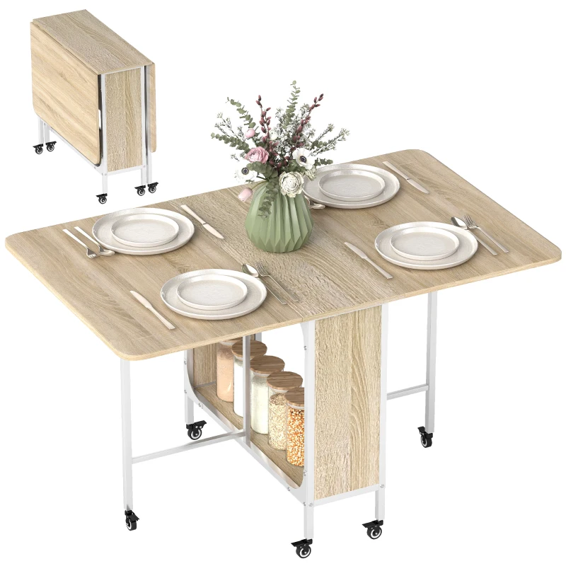 HOMCOM Mesa de Cocina Plegable con Ruedas Alas Abatibles y Estante Mesa Plegable para Salón 130x80x74 cm Madera Natural