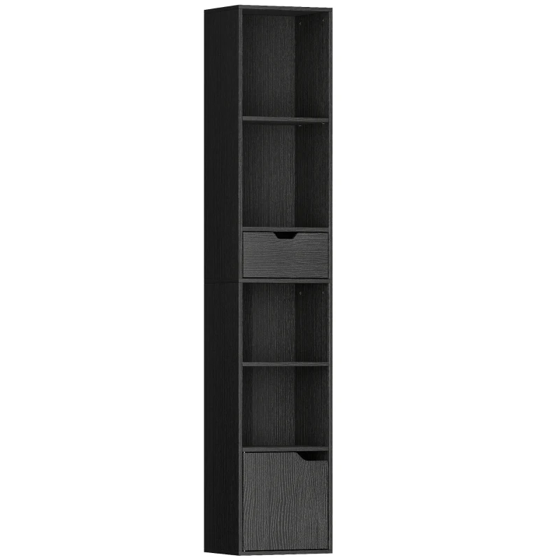 HOMCOM 6-Tier Bookcase, Tall Narrow Bookshelf with Drawer and Door - Black