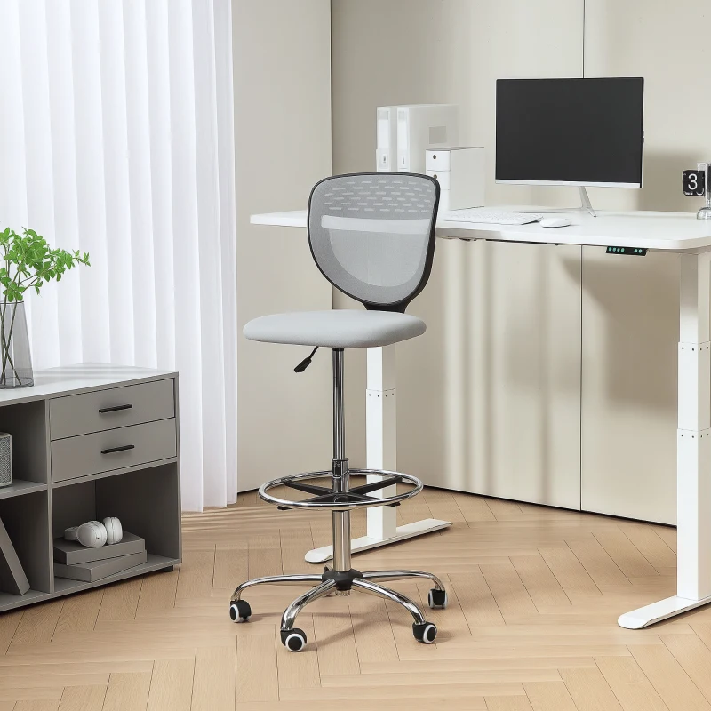 Vinsetto Chaise de bureau ergonomique en maille, chaise de dessin, hauteur et repose-pieds réglable, 59 x 59 x 106-126 cm, gris