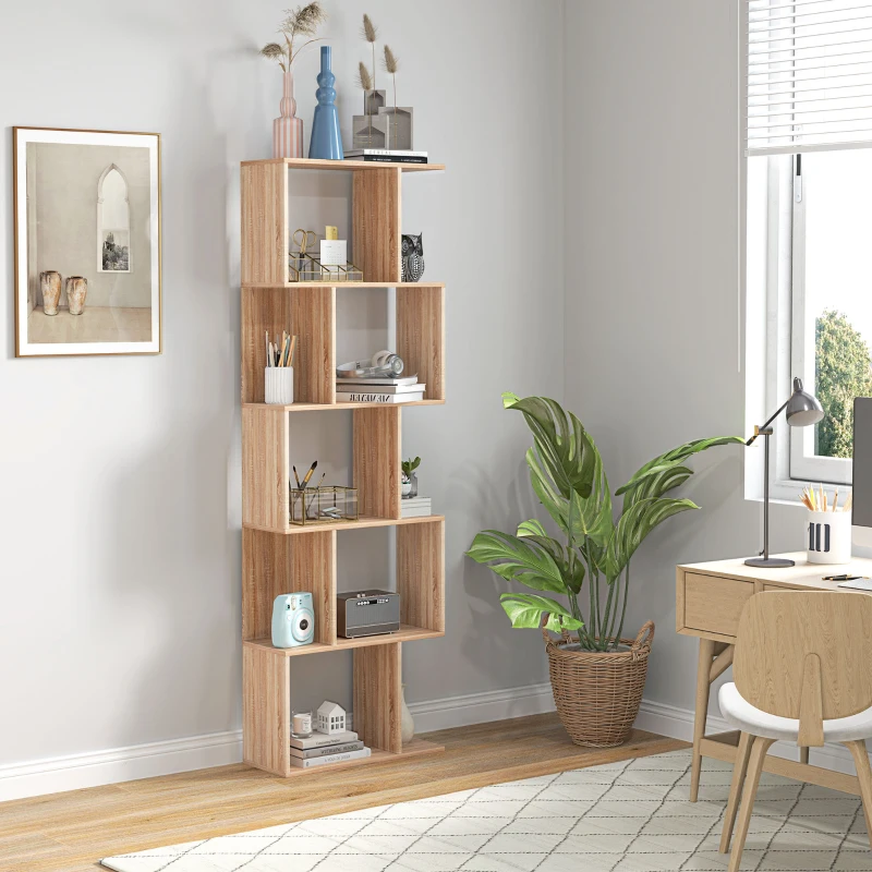 HOMCOM Bibliothèque à 5 niveaux, meuble de rangement en forme de S avec étagères, 60 x 24 x 184,5 cm, effet bois naturel