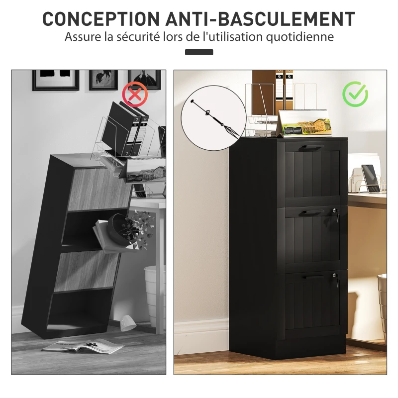 HOMCOM Caisson bureau, meuble rangement bois 3 tiroirs et serrure, barres de suspension réglables, 40 x 40 x 101 cm, noir