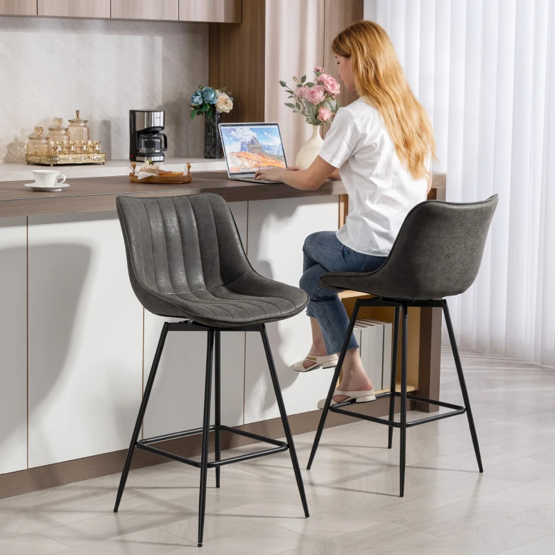 HOMCOM Set of 2 PU Leather Swivel Bar Stools - Grey