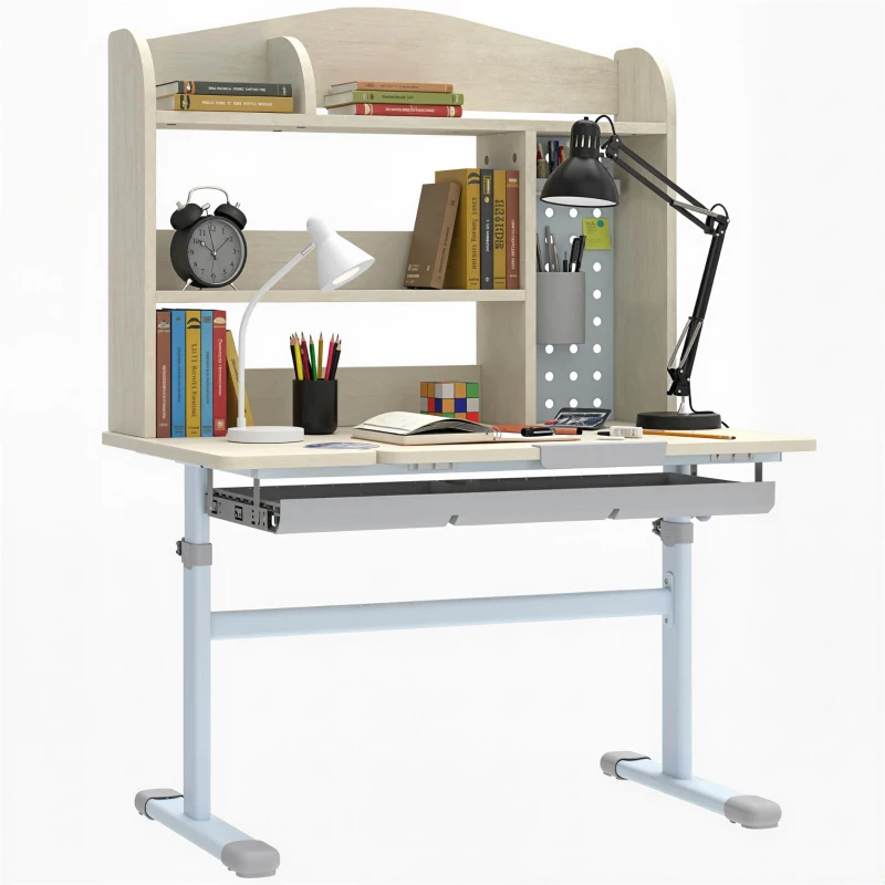 AIYAPLAY Kids Desk Height Adjustable with Tilt-Desktop, Hutch, Drawer, Storage Shelf, Pegboard, for 3-12 Years Old, Natural