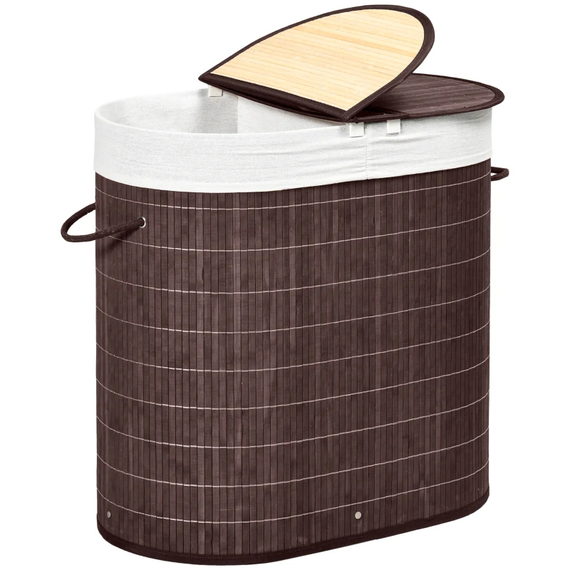 HOMCOM Cesto para Ropa Sucia de Bambú Capacidad de 100L Cesta para la Colada con 2 Compartimentos  62,5x37x60,5cm Marrón