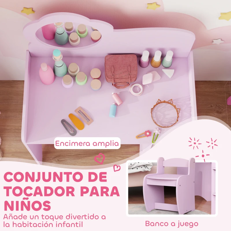AIYAPLAY Tocador Infantil con Taburete y Espejo en Forma de Flor con Estantes Abiertos para Niños y Niñas de 3-8 Años Morado
