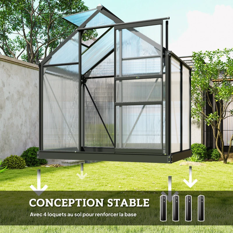 Outsunny Serre de jardin polycarbonate 190 x 132 x 201 cm résistant aux UV 30+ fondation renforcé gouttière gris