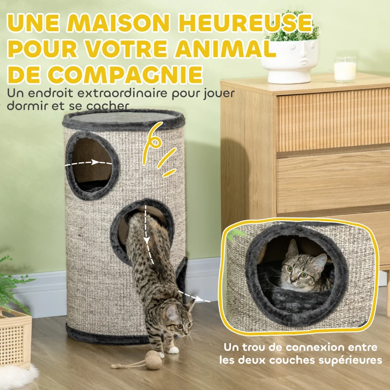 PawHut Tonneau à gratter pour chat, tour à griffer en sisal à 3 niveaux recouvert de peluche, Ø 38 x 70 cm, gris clair