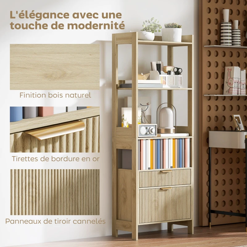 HOMCOM Bibliothèque haute, meuble de rangement avec 4 étagères ouvertes et 2 tiroirs cannelés, 60 x 30 x 160 cm, bois naturel