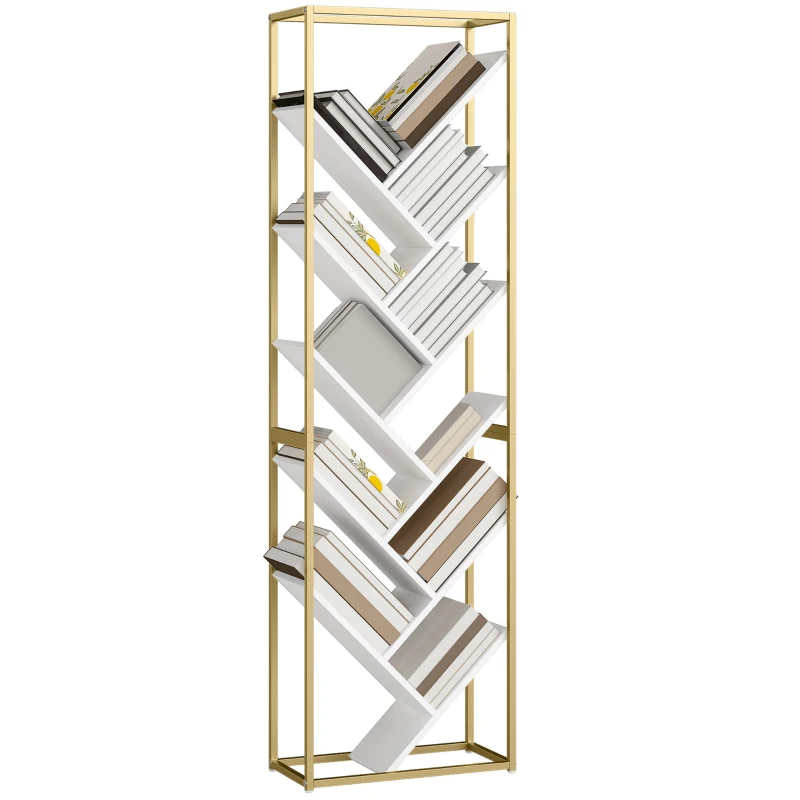 HOMCOM 10 Shelf Modern-Style Bookshelf - Gold Tone/White