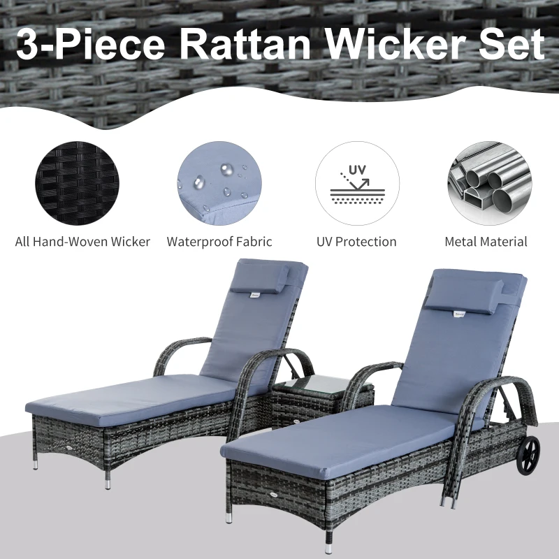 Outsunny 2 Seater Rattan Sun Lounger Set with Side Table-Grey