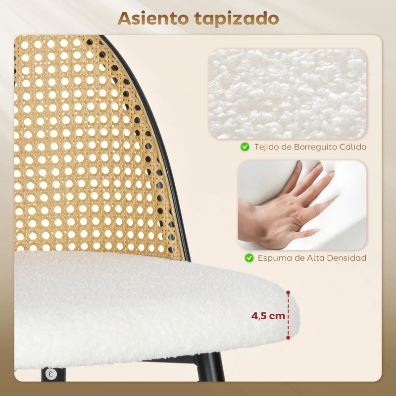 HOMCOM Juego de 2 Taburetes de Bar con Respaldo de Ratán Asiento Tapizado en Borreguito Marco de Acero y Reposapiés Crema