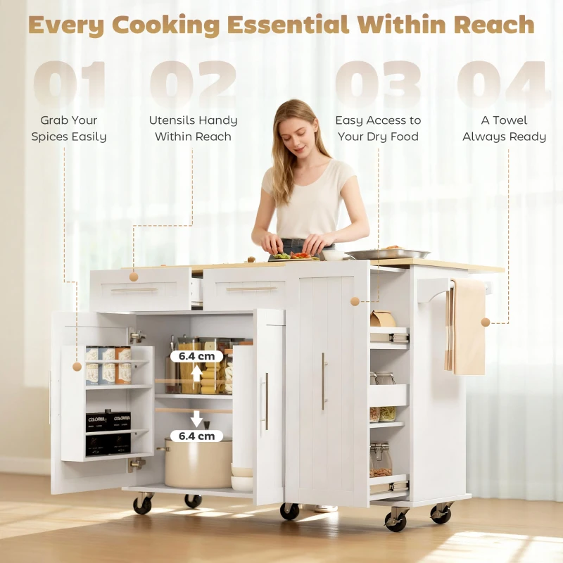 HOMCOM Mobilna wyspa kuchenna, rozszerzalny blat, drzwi szafki, szuflady, uchwyt na ręcznik, wózek kuchenny z MDF, biały
