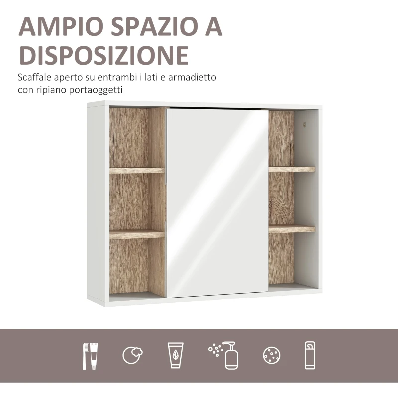 HOMCOM Armadietto con Specchio in MDF e Truciolato con 3 Ripiani Laterali e Ripiano Regolabile Interno, 60x14.5x49.4 cm