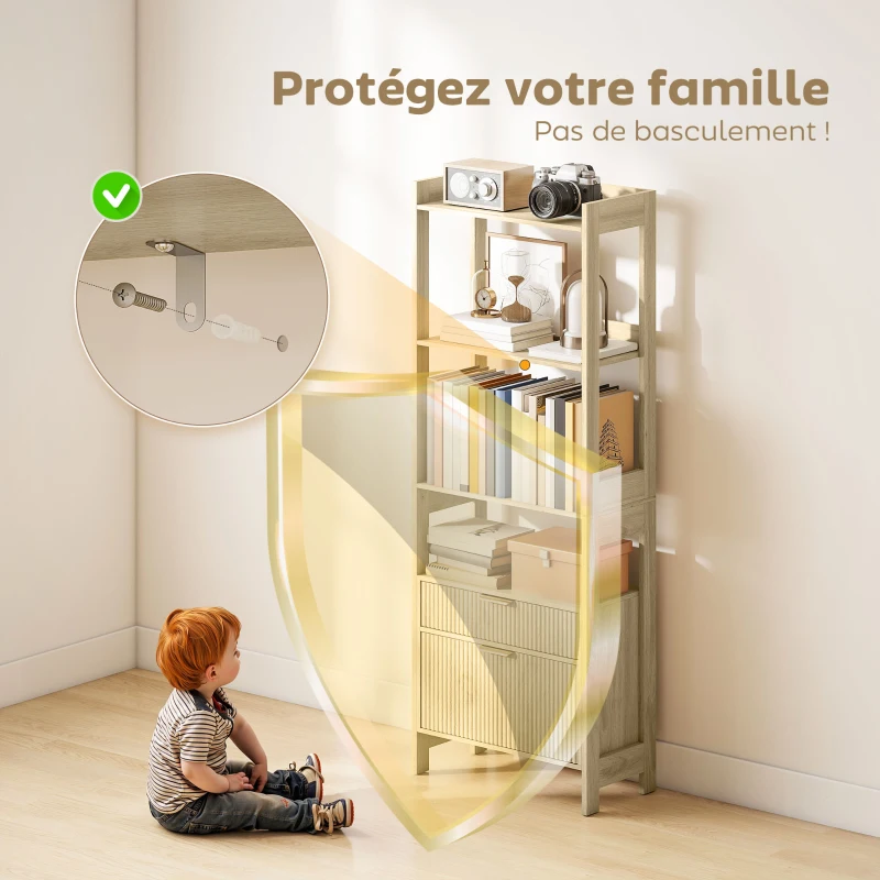 HOMCOM Bibliothèque haute, meuble de rangement avec 4 étagères ouvertes et 2 tiroirs cannelés, 60 x 30 x 160 cm, bois naturel