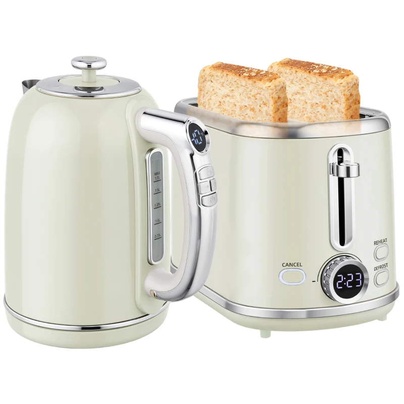 HOMCOM Polished Retro 40-100°C Kettle and Toaster Set - Grey