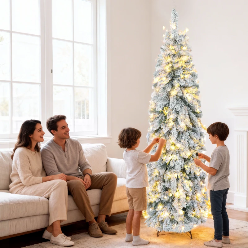 HOMCOM Árvore de Natal Estreita 180 cm Árvore de Natal Nevada com Luzes LED Temporizador 11 Modos de Iluminação Verde