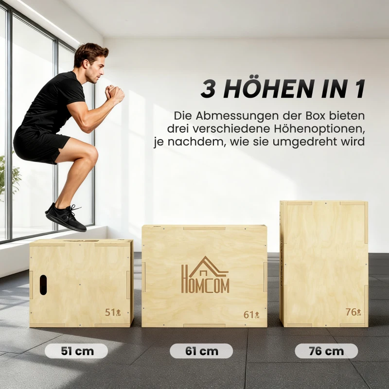 HOMCOM 3-in-1 Plyo Box Holz Plyometrische Sprungbox mit 3 Sprunghöhen Griffen 61 x 51 x 76 cm Naturholz