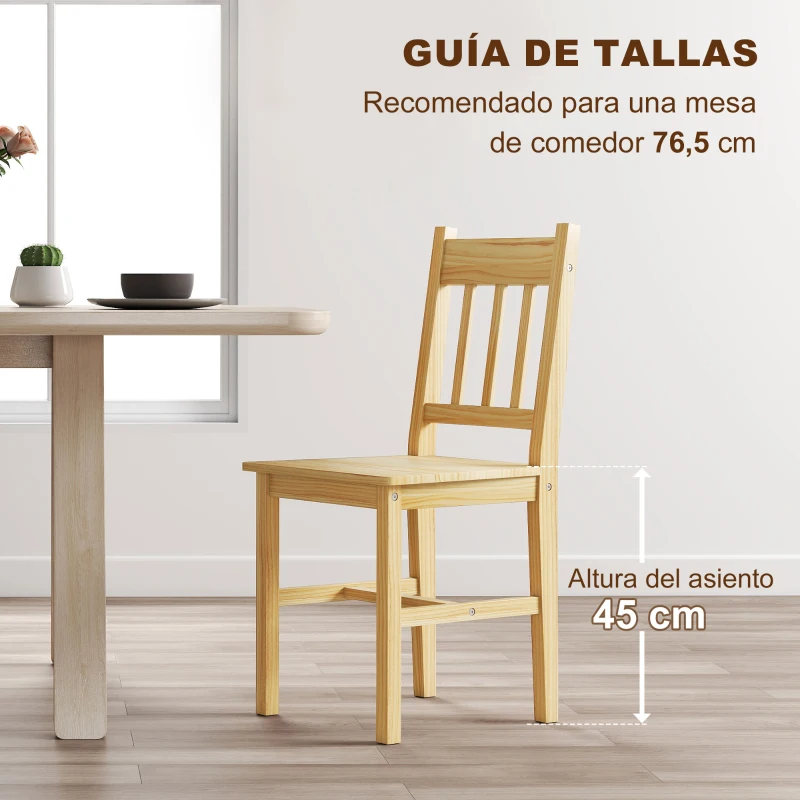 HOMCOM Juego de 2 Sillas de Comedor de Madera Sillas de Cocina con Respaldo de Listones, Asiento Amplio Madera Natural