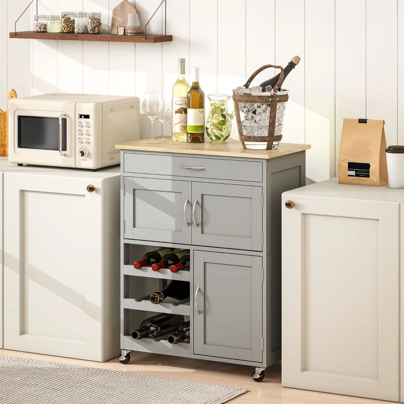 HOMCOM Modern Kitchen Trolley, Rolling Island Storage Cart with Drawer, 9-bottle Wine Rack, Door Cabinets, Wooden Countertop, Grey