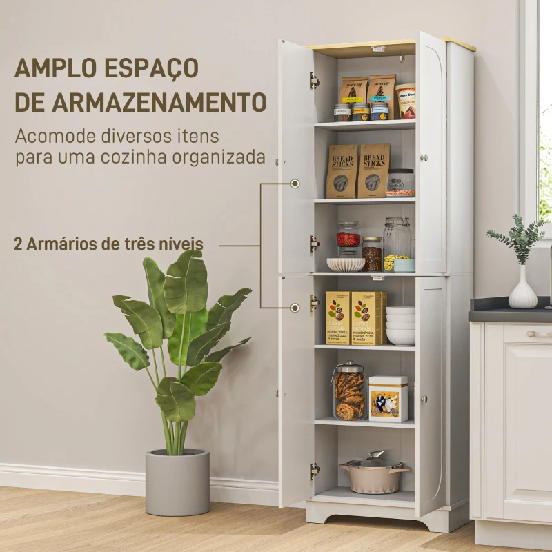 HOMCOM Armário de Cozinha Armário Alto de Cozinha Móvel Auxiliar de Cozinha com 4 Portas e Prateleiras Ajustáveis 60x30x183 cm Branco