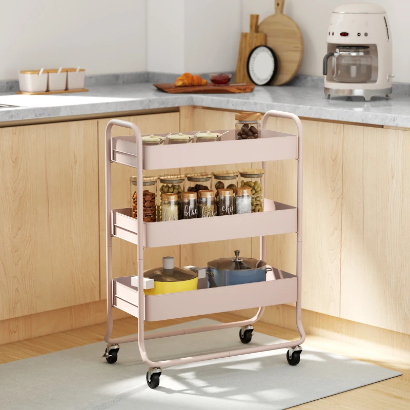HOMCOM 3-Tier Storage Trolley on Wheels, Rolling Utility Cart with Mesh Backets for Kitchen, Bathroom, Bedroom, Light Pink