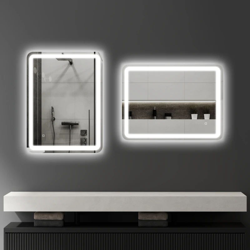 HOMCOM Miroir de salle de bain 60 x 80 cm, miroir LED mural avec 3 couleurs lumière, dimmable, mémoire, anti-buée, argent