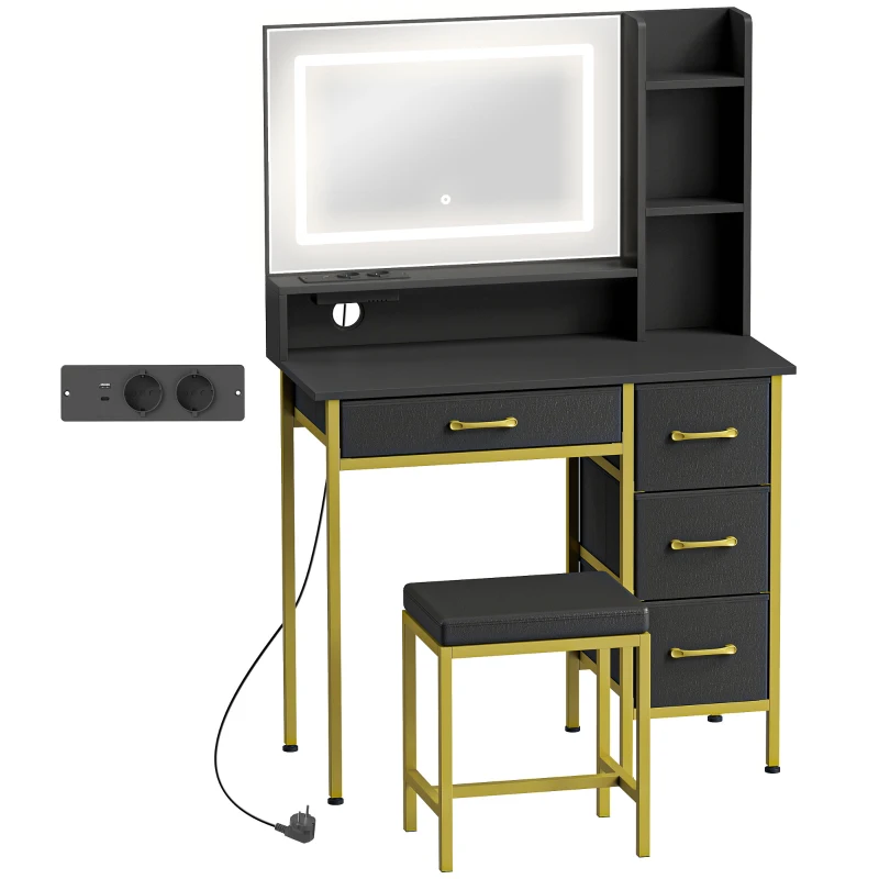 HOMCOM Coiffeuse de Maquillage avec Miroir Lumières LED Station de Charge Tabouret Station de Charge 4 Tiroirs Noir