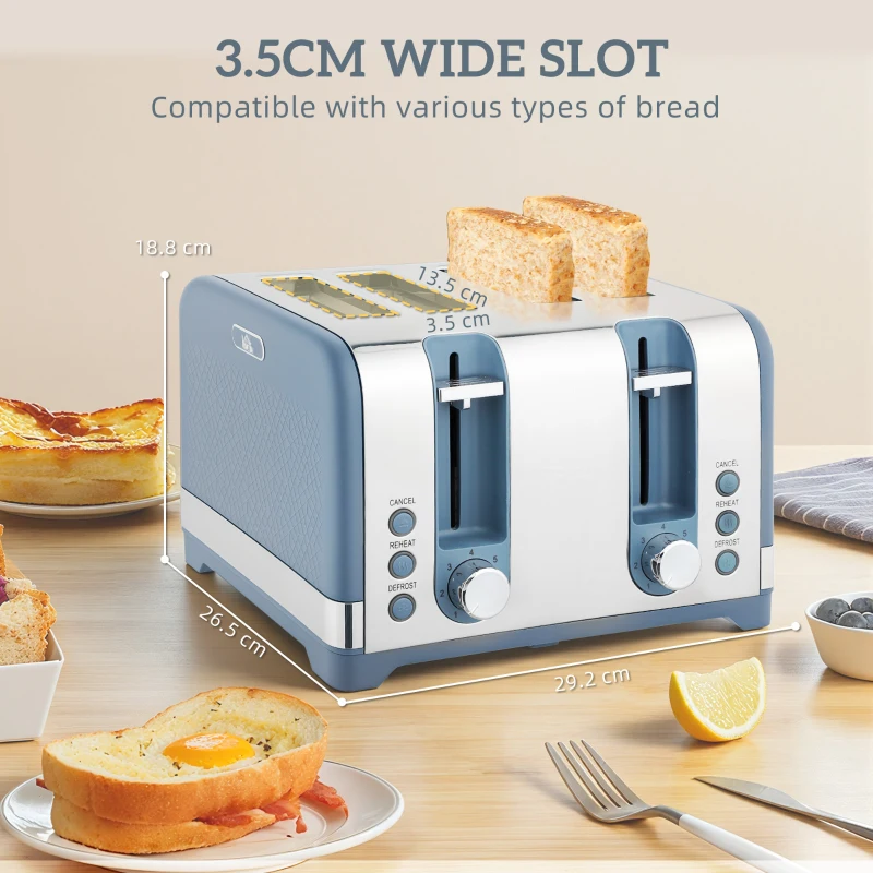 HOMCOM Sleek Textured Kettle and Four-Slice Toaster Set - Blue