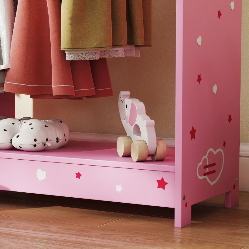 AIYAPLAY Kids Clothes Rail, Kids Wardrobe with Mirror, Shelves, Fabric Storage and Hooks for Bedroom, Nursery, Pink
