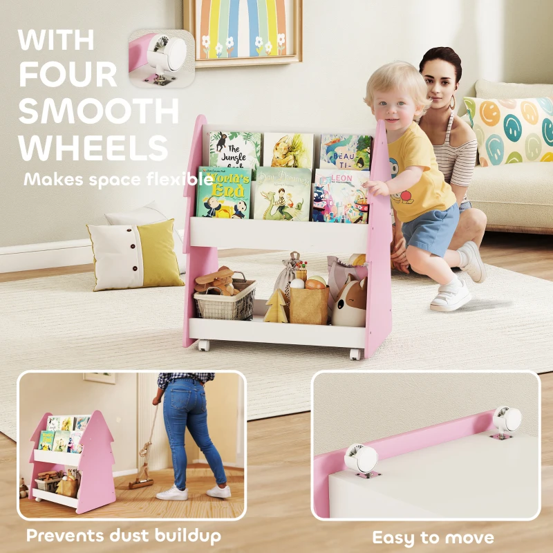 AIYAPLAY Kids Bookshelf with Toy Storage, Double-Sided Bookcase with Wheels, 3 Tier Kids Book Rack for Bedroom, Pink